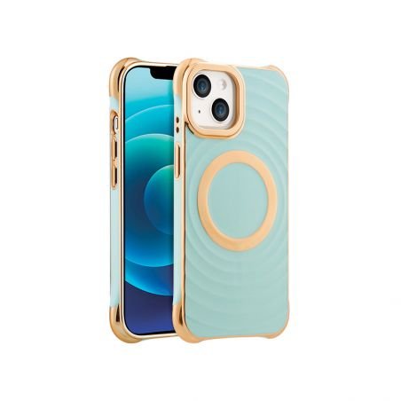 Coque cercles MagSafe bleue et dorée pour iPhone 16 Plus