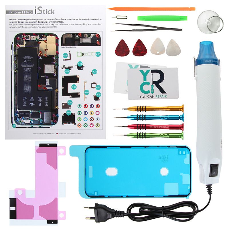 Kit de réparation avec décapeur thermique pour iPhone 11 Pro