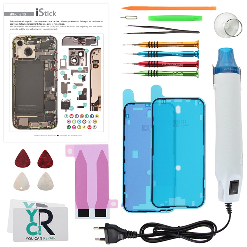 Kit de réparation avec décapeur thermique pour iPhone 15
