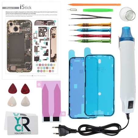 Kit de réparation avec décapeur thermique pour iPhone 15