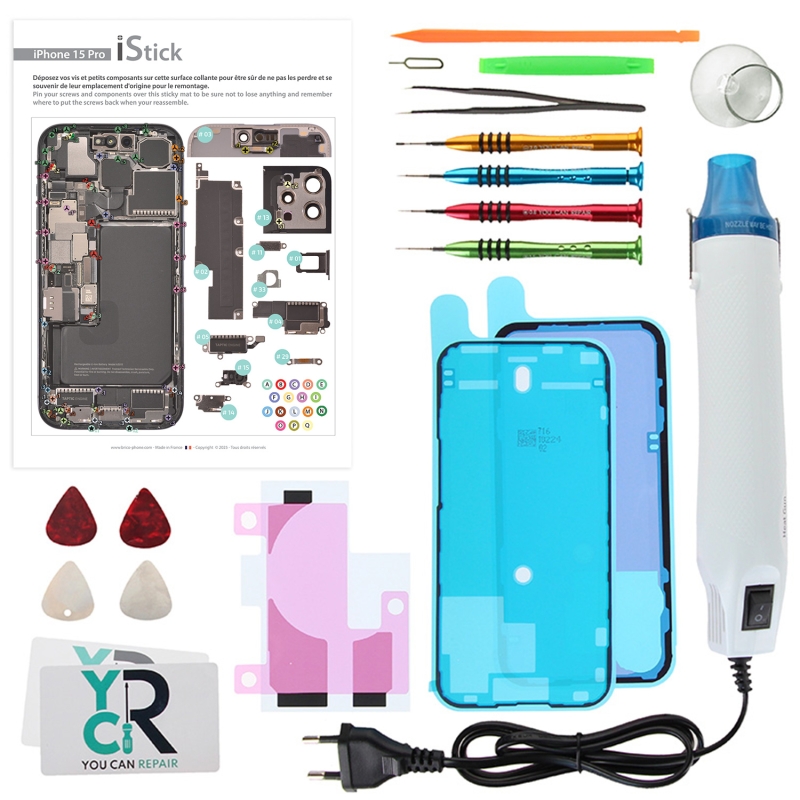 Kit de réparation avec décapeur thermique pour iPhone 15 Pro