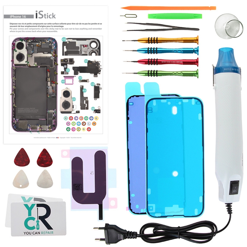 Kit de réparation avec décapeur thermique pour iPhone 16
