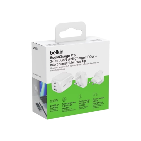 Chargeur secteur GaN 100W 3 ports adaptateur voyage - Noir - Belkin photo 6