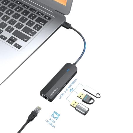 Hub 3 Ports USB 2.0 avec adaptateur Ethernet 100Mbps 0,15m - Noir - Vention