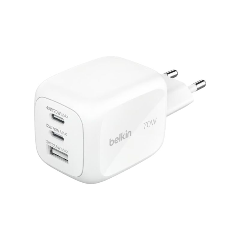 Chargeur secteur GaN 3 ports 70W avec adaptateurs voyage - Blanc - Belkin