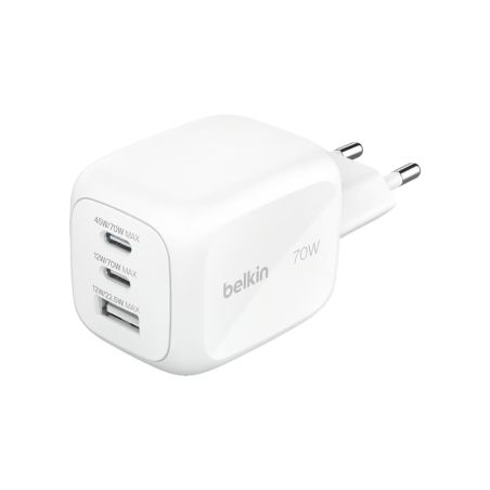 Chargeur secteur GaN 3 ports 70W avec adaptateurs voyage - Blanc - Belkin
