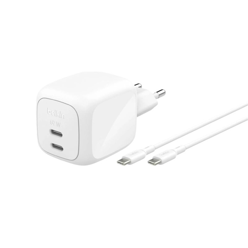 Chargeur secteur 67W 2 ports USB-C avec câble USB-C 2m - Blanc - Belkin