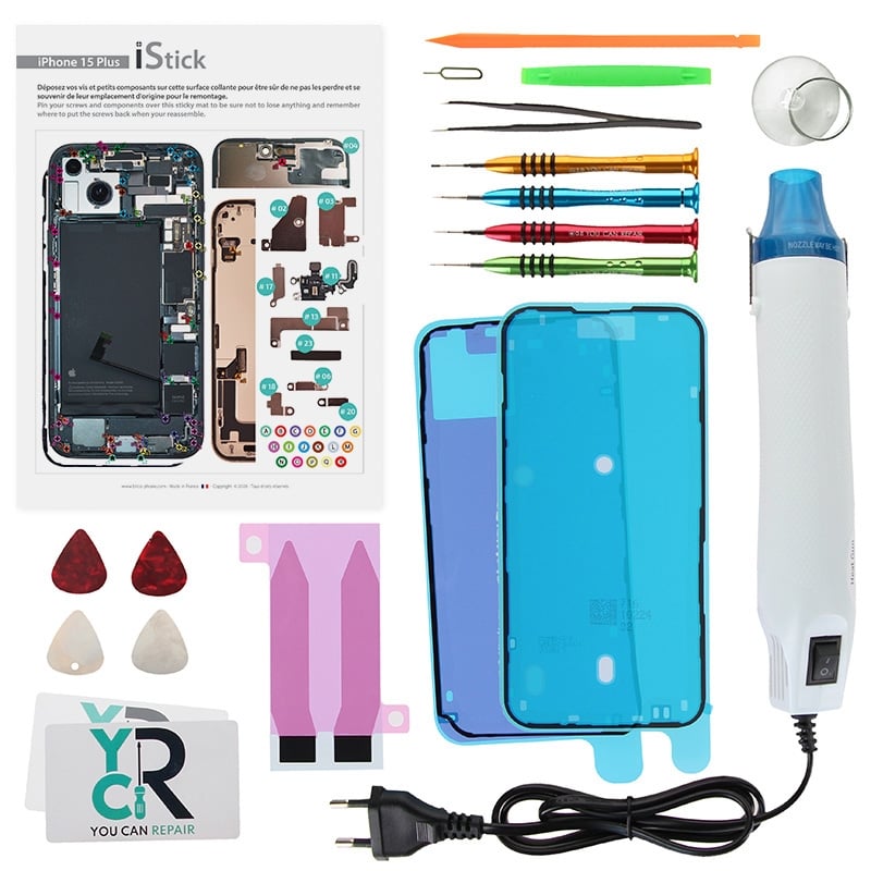 Kit de réparation avec décapeur thermique pour iPhone 15 Plus