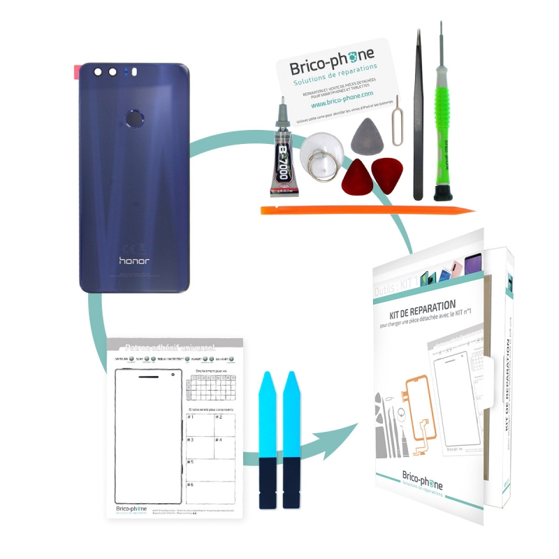 Kit de réparation Vitre arrière Bleue avec lecteur d'empreintes Huawei Honor 8
