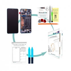 Kit de réparation Bloc Ecran Bleu Paon COMPLET pré-monté sur châssis + batterie pour Huawei P30 Lite
