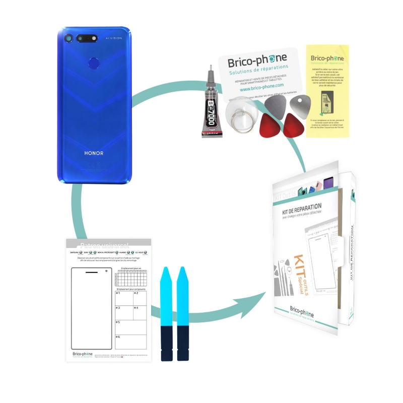 Kit de remplacement Vitre arrière Bleue Saphir et lecteur d'empreintes pour Huawei Honor View 20